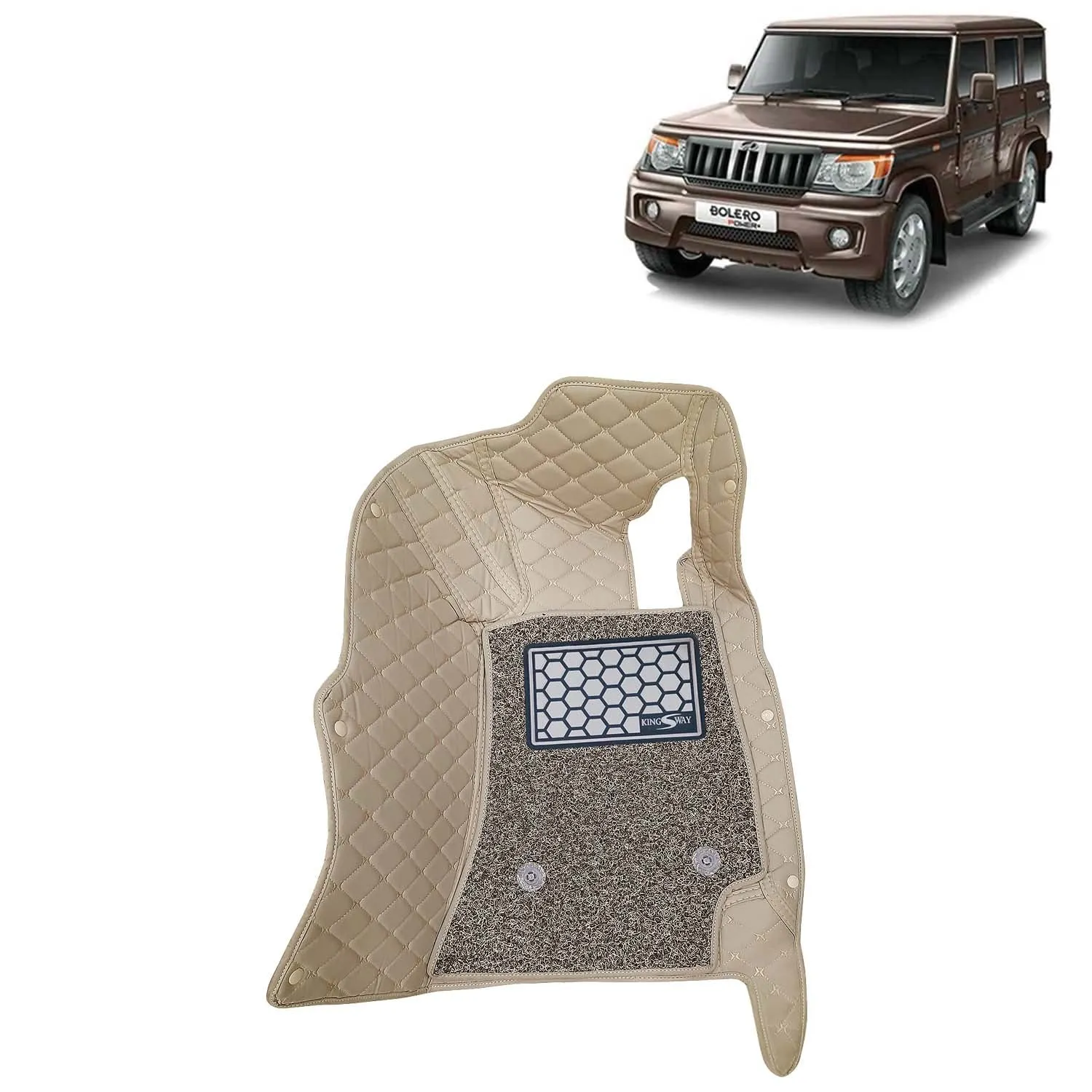 KINGSWAY® Bolero 7D Car Mat for (Year 2020 Onwards), Compatible with Mahindra Bolero Car Floor Mats, Complete Set of 4 Pieces, Top-Notch PU Leatherette 7D Foot Mats, Washable, Beige