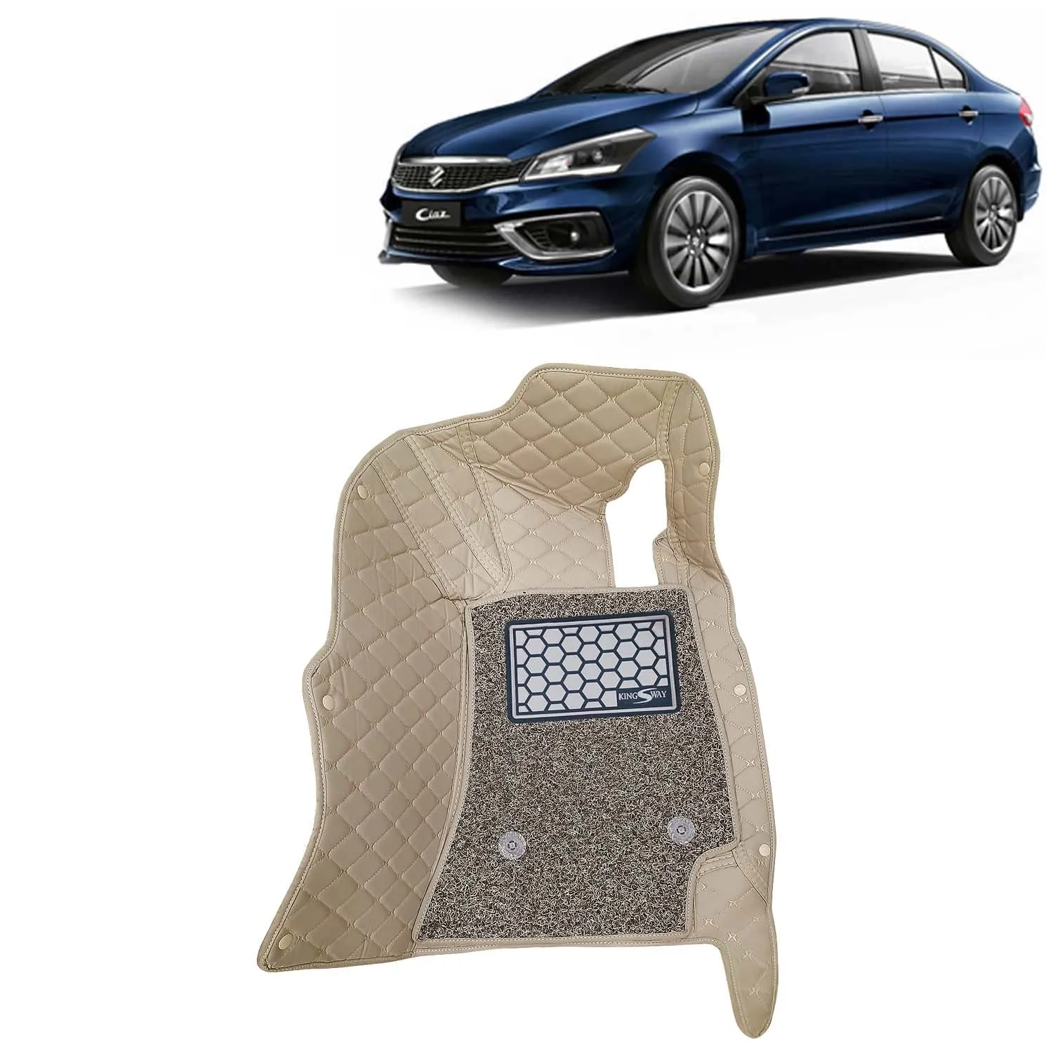 KINGSWAY® Ciaz 7D Car Mat for (Year 2018 Onwards), Compatible with Maruti Suzuki Ciaz Car Floor Mats, Complete Set of 3 Pieces, Top-Notch PU Leatherette 7D Foot Mats, Washable, Beige