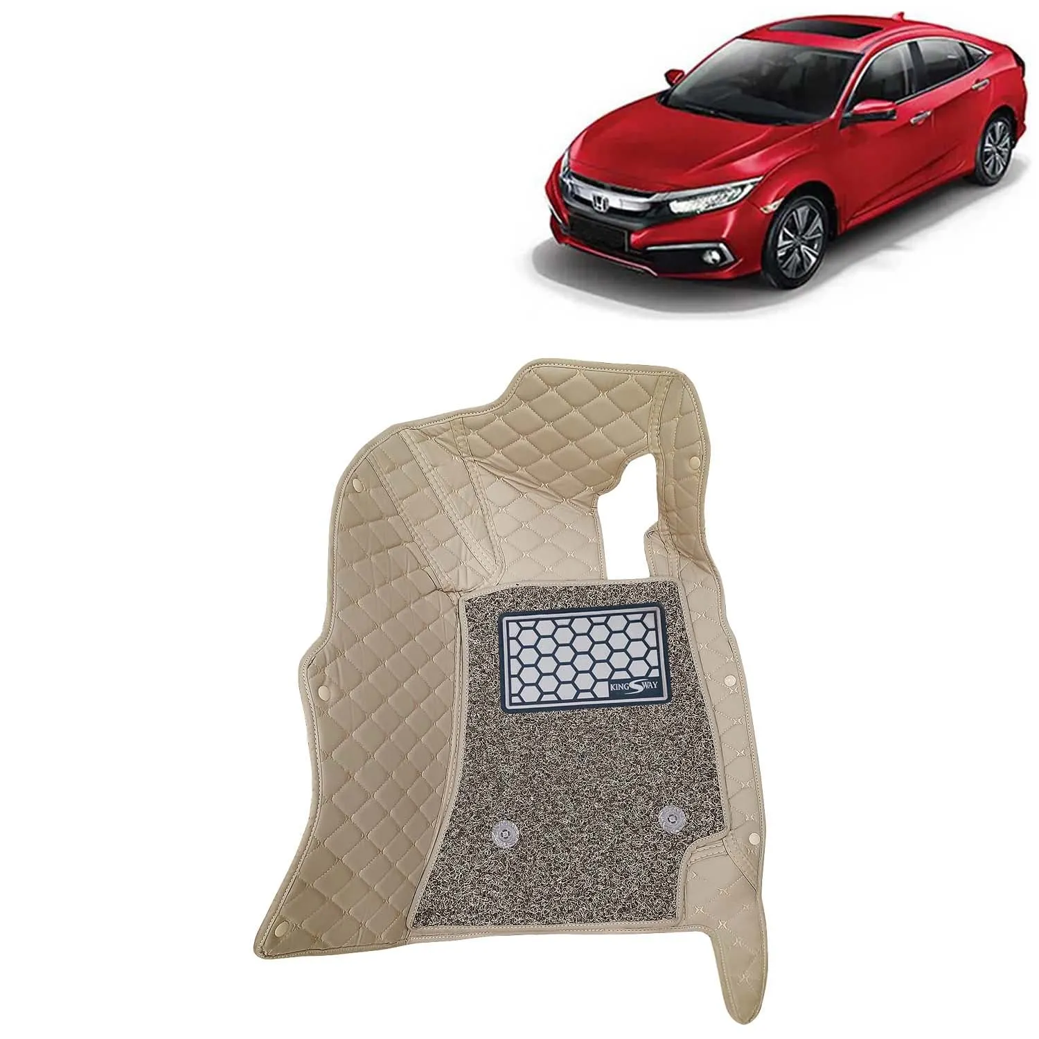 KINGSWAY® Civic 7D Car Mat for (Year 2019 to 2020), Compatible with Honda Civic Car Floor Mats, Complete Set of 3 Pieces, Top-Notch PU Leatherette 7D Foot Mats, Washable, Beige