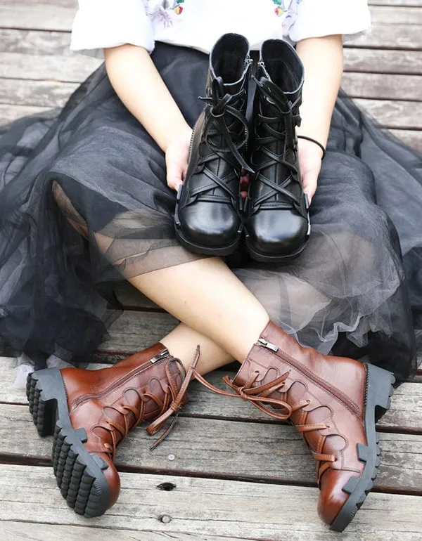 Lace Up Leather Thick Heel Motorcycle Boots