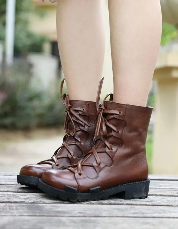 Lace Up Leather Thick Heel Motorcycle Boots