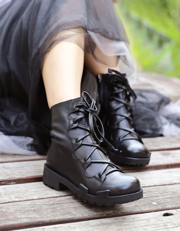 Lace Up Leather Thick Heel Motorcycle Boots