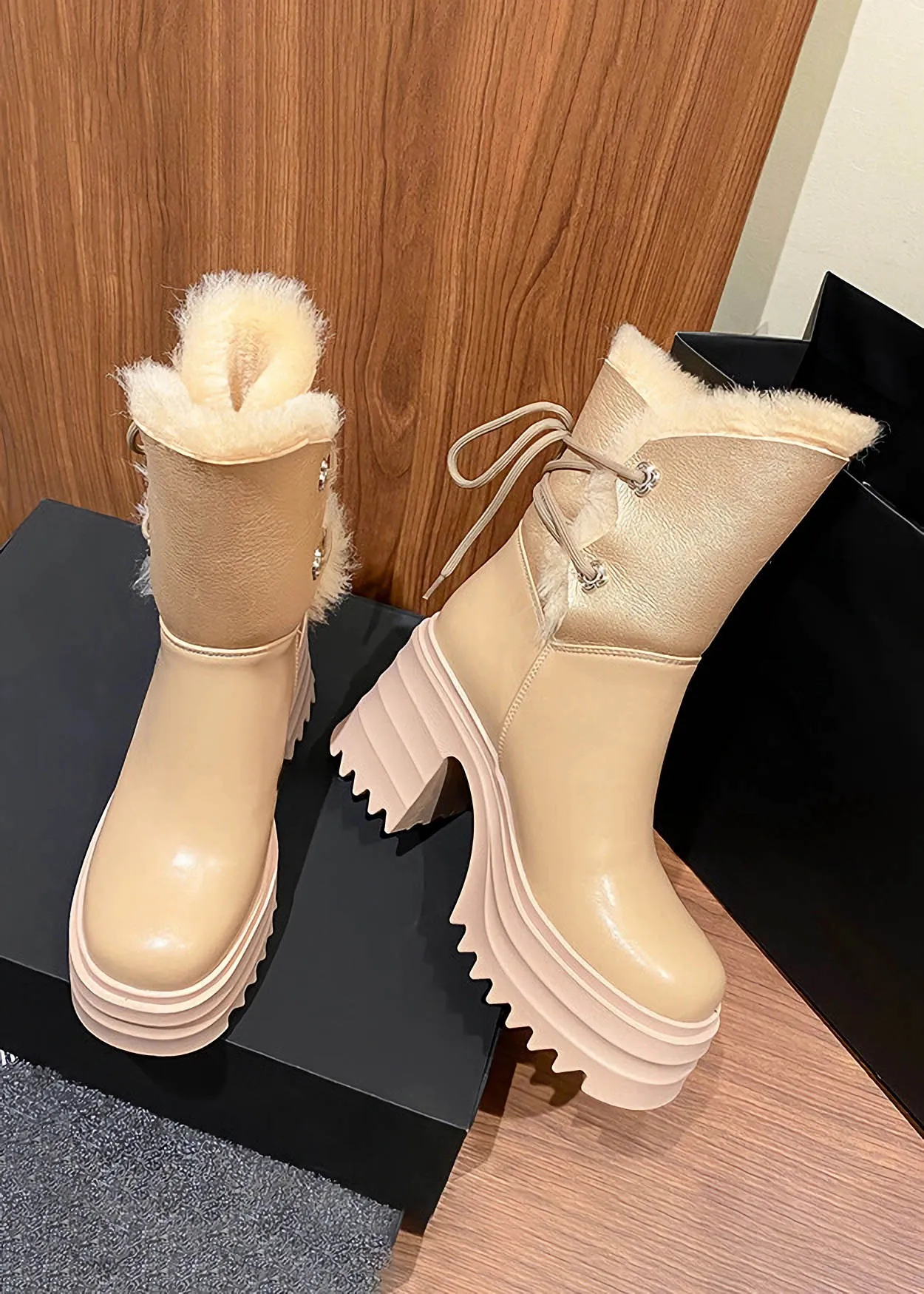 Lace-Up Leather Wool Blend Platform Block Heel Snow Boots