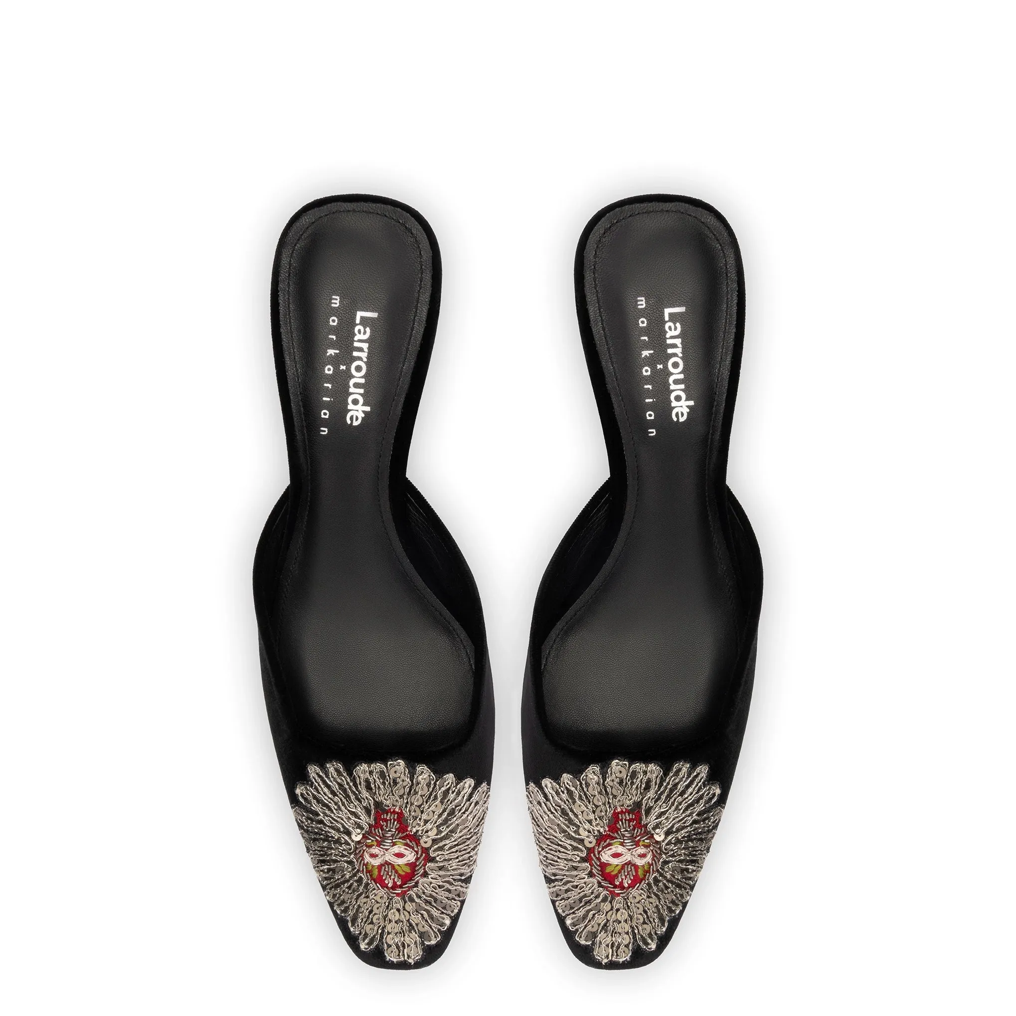 Larroudé x Markarian Mule In Black Velvet and Heart Embroidery