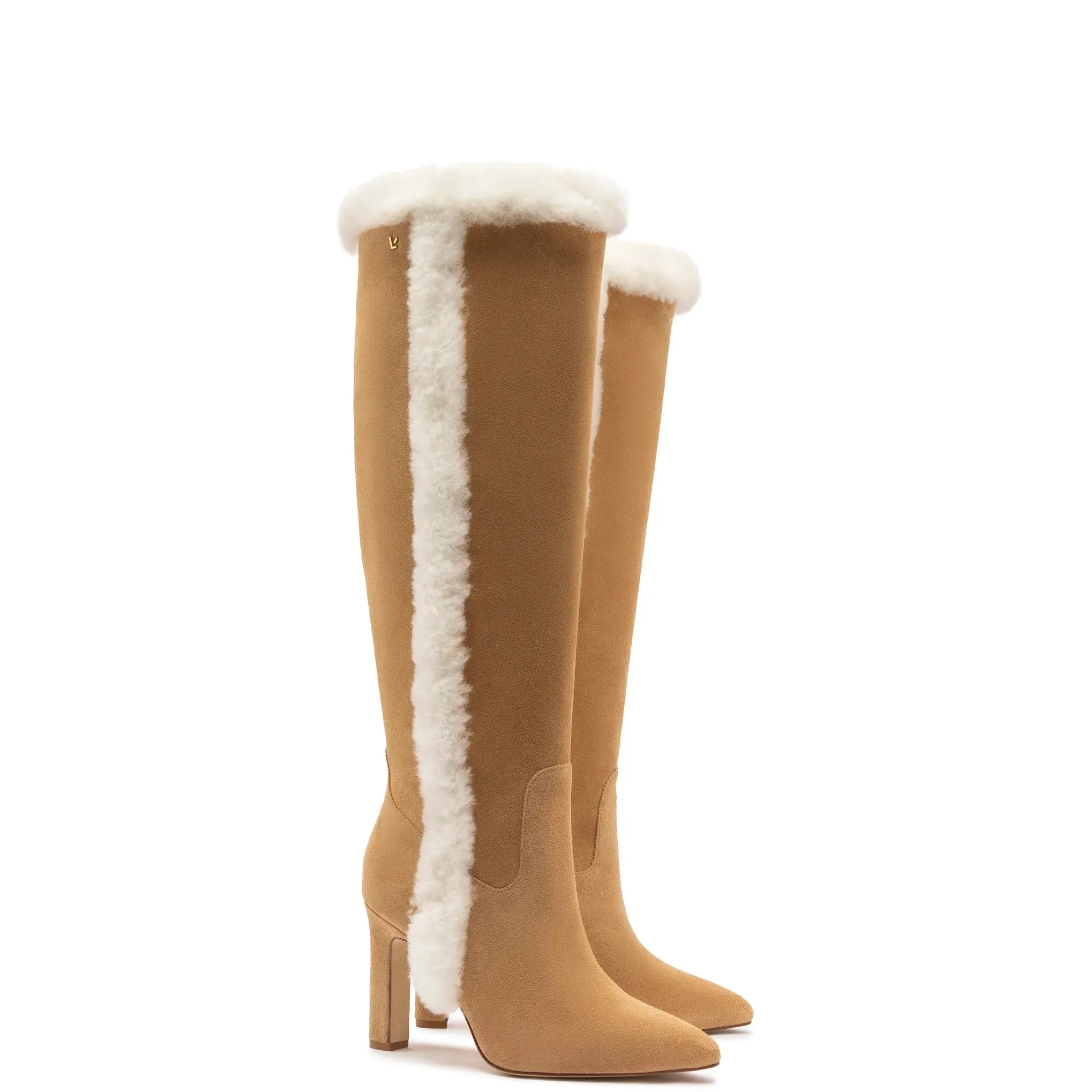 Larroude Cindy Hi Faux Fur Boot In Peanut Suede and Shearling