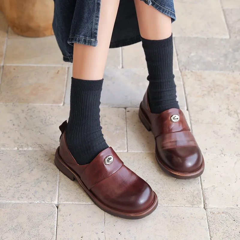 Leather Loafers for Women with Silver Metal Buckle Round Toe in Brown/Coffee