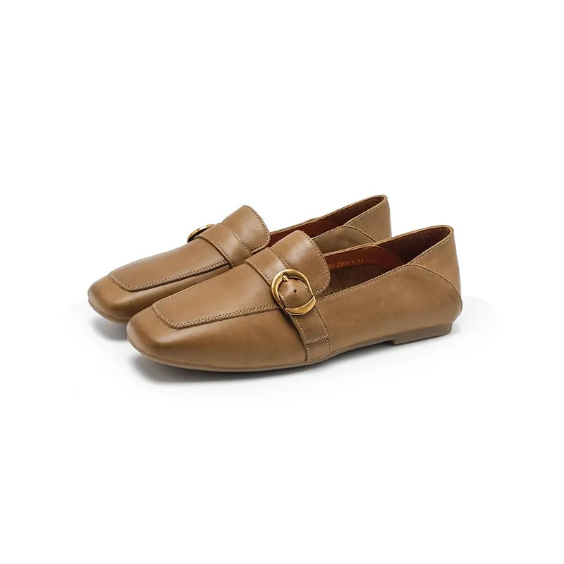 Leather Metal Buckle Flat Loafers For Women Slouchy style In Apricot/Khaki/Beige