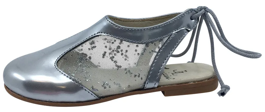 Luccini Girl's Silver Leather and Mesh Sling Back Mule Dress Sandal Shoes