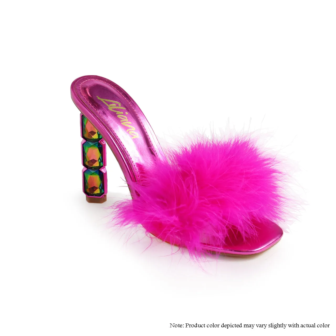 MARGE-3 FEATHER MULE SQUARE RHINESTONE HEEL - FUCHSIA