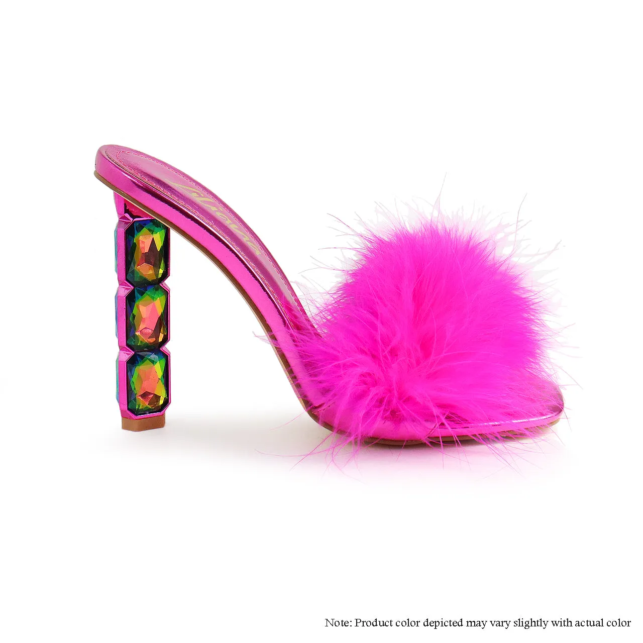 MARGE-3 FEATHER MULE SQUARE RHINESTONE HEEL - FUCHSIA