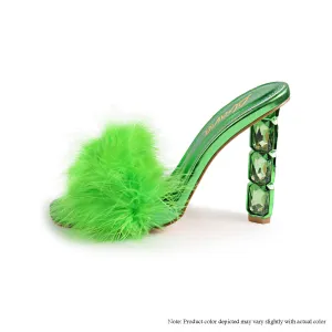 MARGE-3 FEATHER MULE SQUARE RHINESTONE HEEL - GREEN