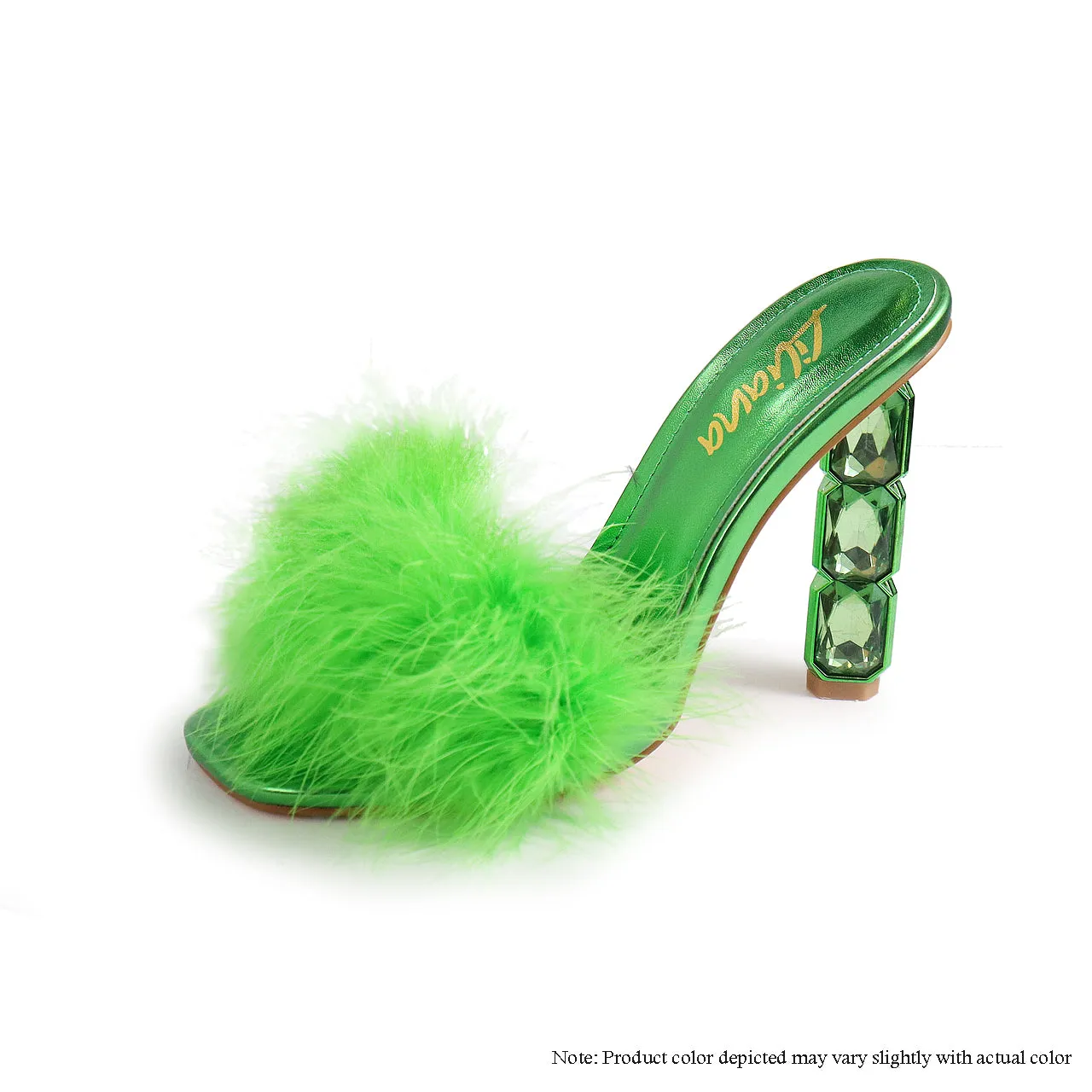 MARGE-3 FEATHER MULE SQUARE RHINESTONE HEEL - GREEN