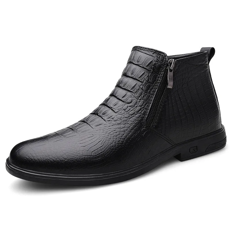 Men's High-Top Casual Leather Shoes Zipper Head Layer Cowhide Comfortable Breathable Formal Leather Shoes