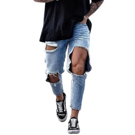 Men's Large Ripped Jeans Ninth Pants Pencil Pants Straight Pants