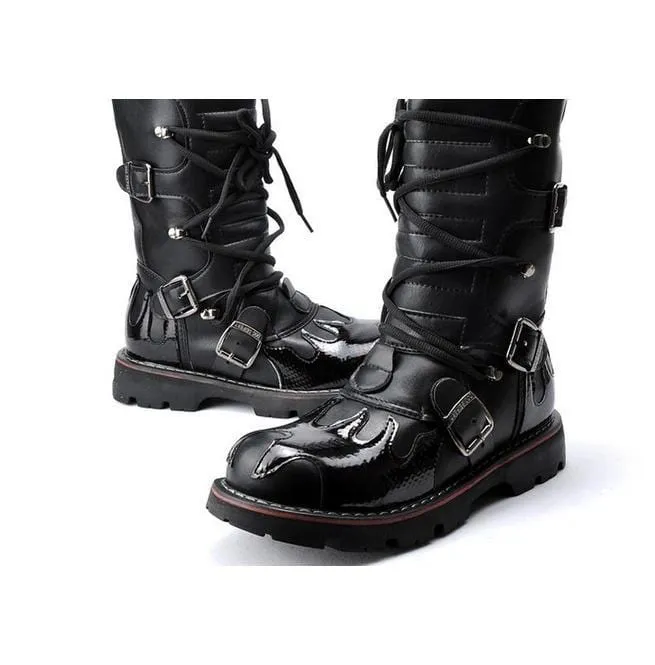 Men's Steampunk Fire Totem Black High Boots Motorcycle Boots