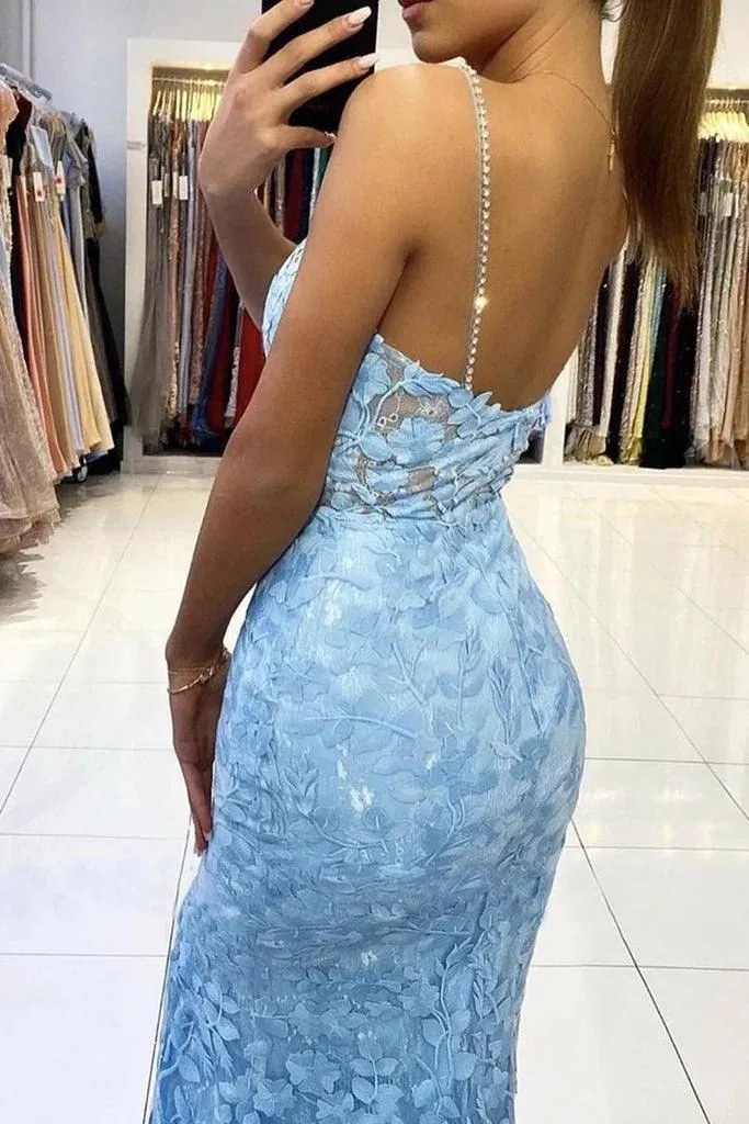 Mermaid V Neck Backless Blue Lace Long Prom Evening Dress  PSK422