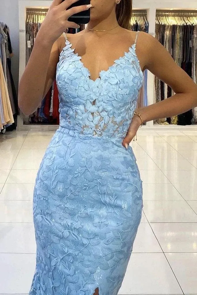 Mermaid V Neck Backless Blue Lace Long Prom Evening Dress  PSK422