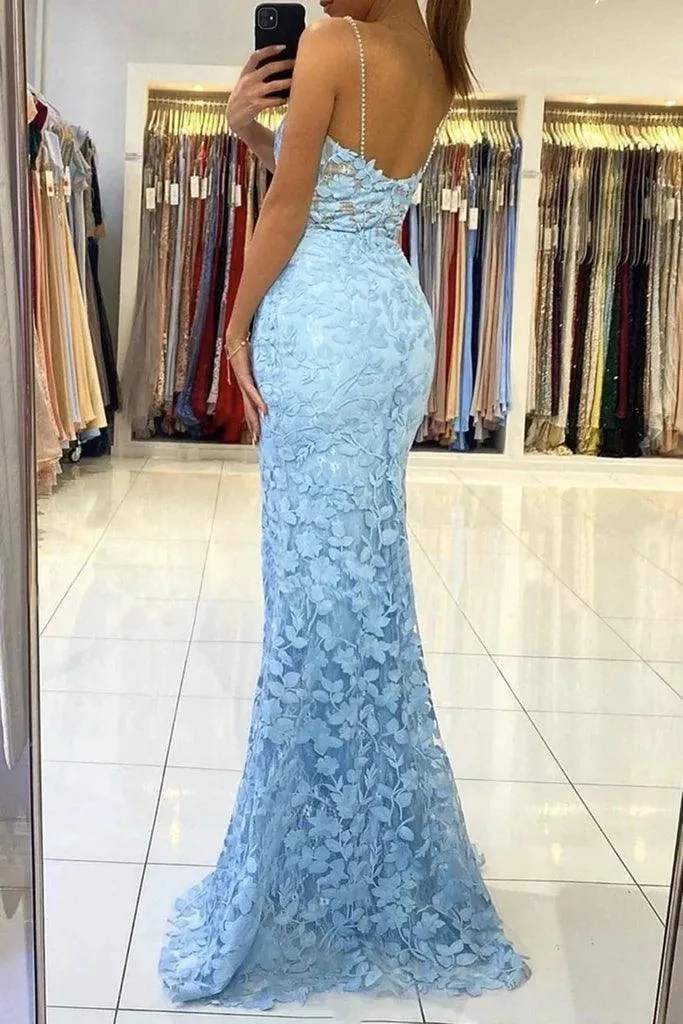 Mermaid V Neck Backless Blue Lace Long Prom Evening Dress  PSK422