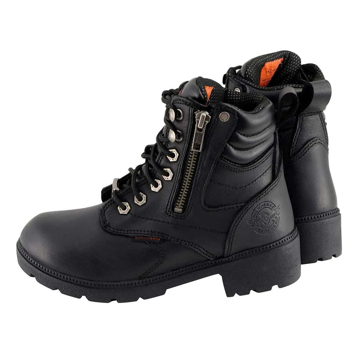 Milwaukee Leather MBL9321WP Women's Black Waterproof Lace-Up Boots with Side Zipper