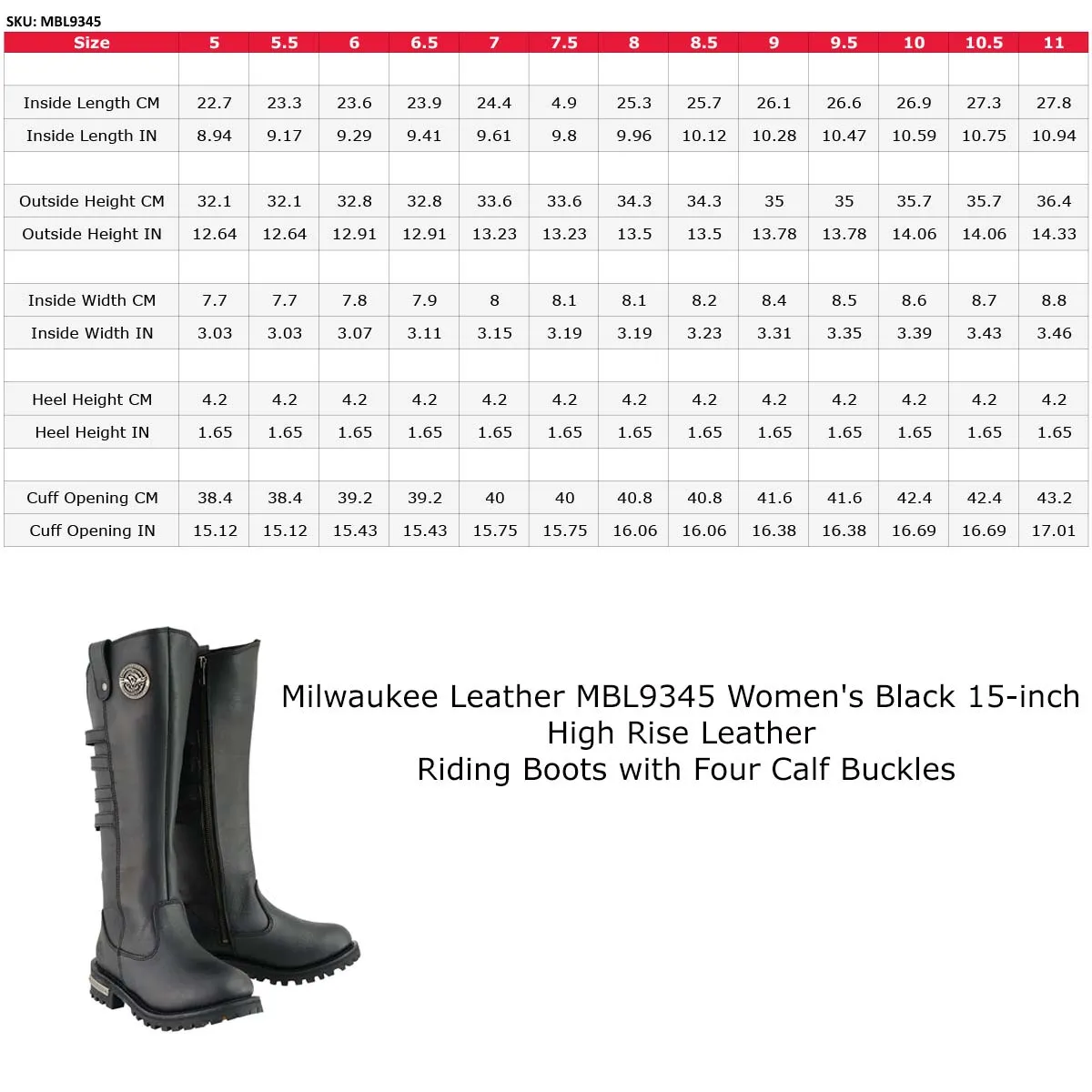 Milwaukee Leather MBL9345 Women's Black 15-inch High Rise Leather