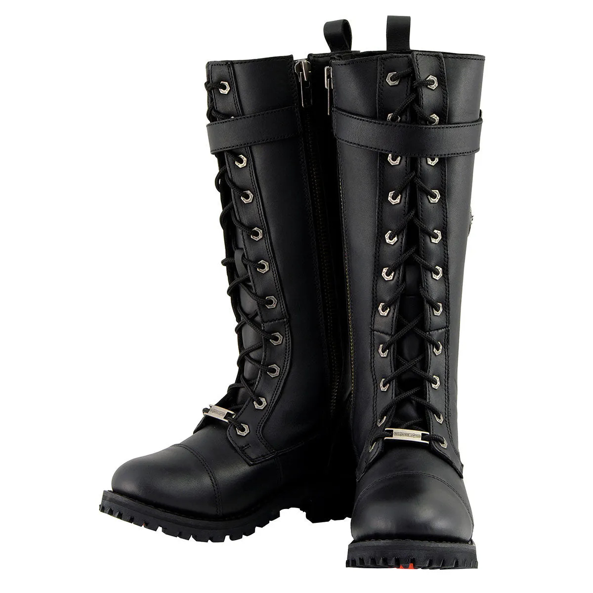 Milwaukee Leather MBL9355 Women's Black 14-inch Lace-Up High-Rise Leather Boots with Calf Buckle