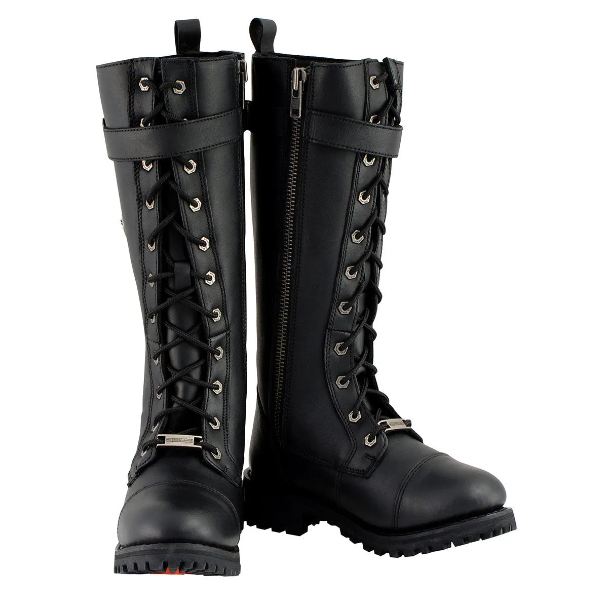 Milwaukee Leather MBL9355 Women's Black 14-inch Lace-Up High-Rise Leather Boots with Calf Buckle