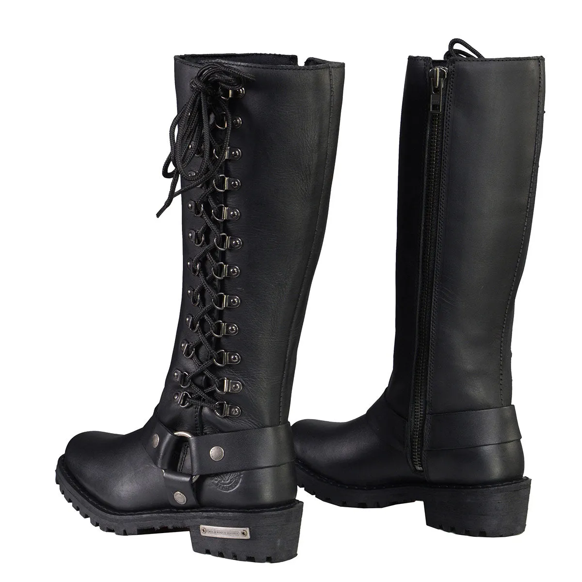 Milwaukee Leather MBL9365 Ladies Black 14-Inch Classic Harness Square Toe Leather Tall Boots with Lacing Detail