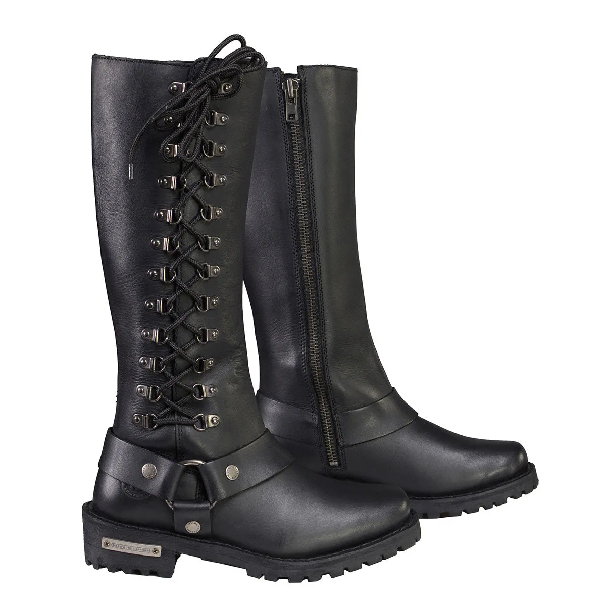 Milwaukee Leather MBL9365 Ladies Black 14-Inch Classic Harness Square Toe Leather Tall Boots with Lacing Detail