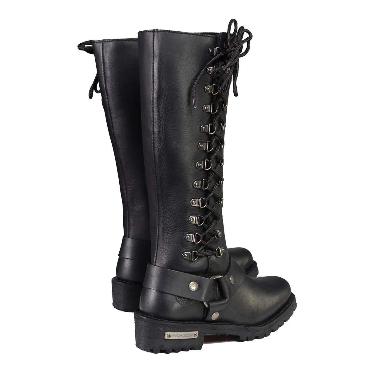 Milwaukee Leather MBL9365 Ladies Black 14-Inch Classic Harness Square Toe Leather Tall Boots with Lacing Detail