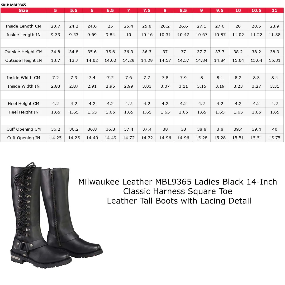 Milwaukee Leather MBL9365 Ladies Black 14-Inch Classic Harness Square Toe Leather Tall Boots with Lacing Detail