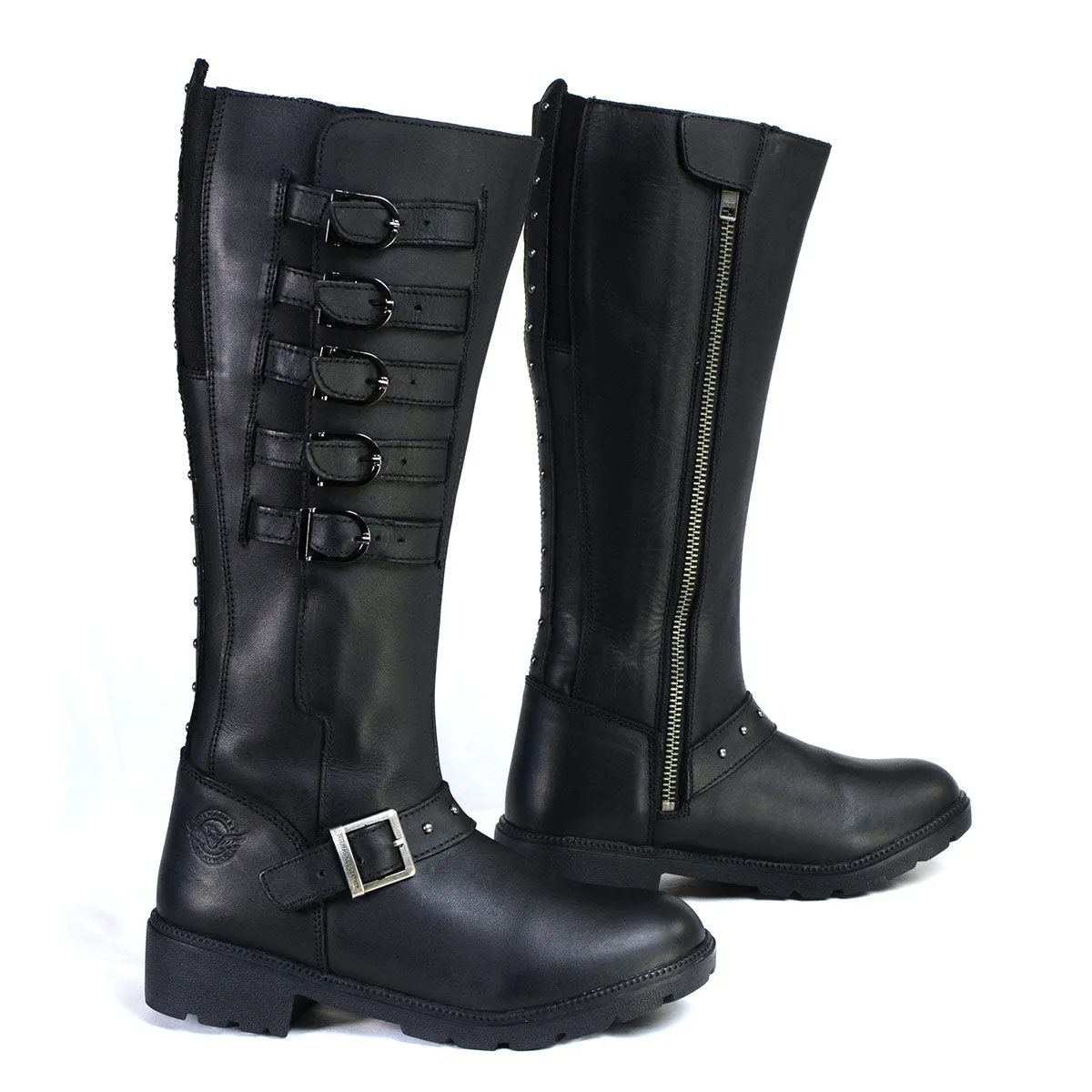 Milwaukee Leather MBL9395 Women's Black 17-Inch Side Strap Riding Leather Boots with Side Zipper