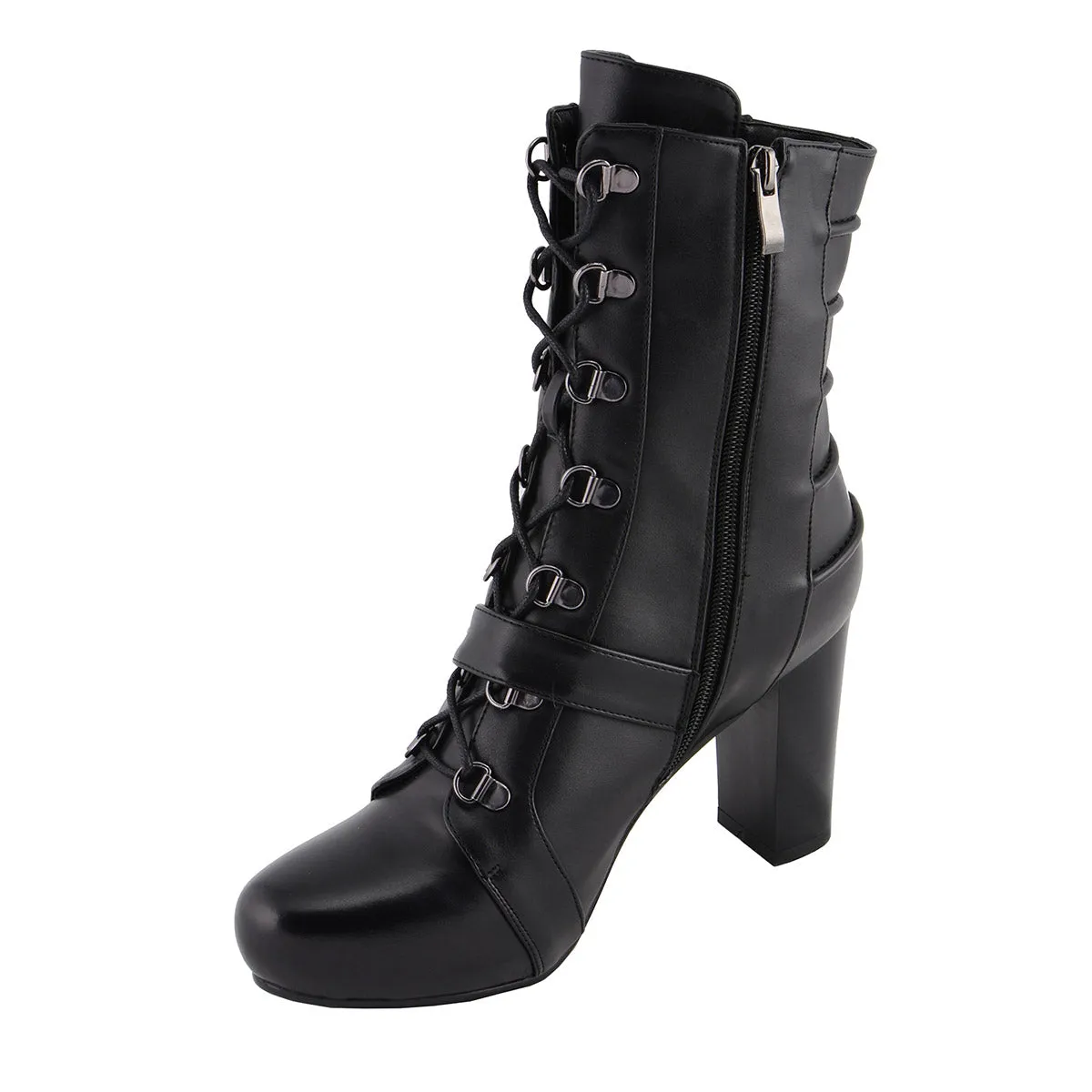 Milwaukee Leather MBL9431 Women's Black Lace-Up Boots with Block Heel and Buckle Strap