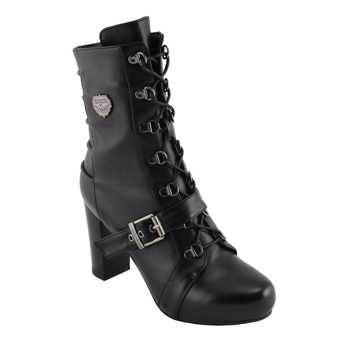 Milwaukee Leather MBL9431 Women's Black Lace-Up Boots with Block Heel and Buckle Strap