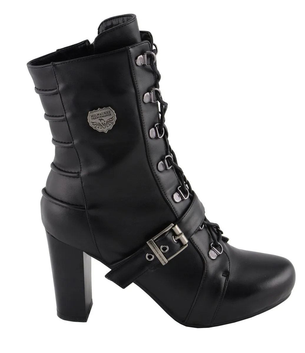 Milwaukee Leather MBL9431 Women's Black Lace-Up Fashion Boots with Block Heel and Buckle Strap