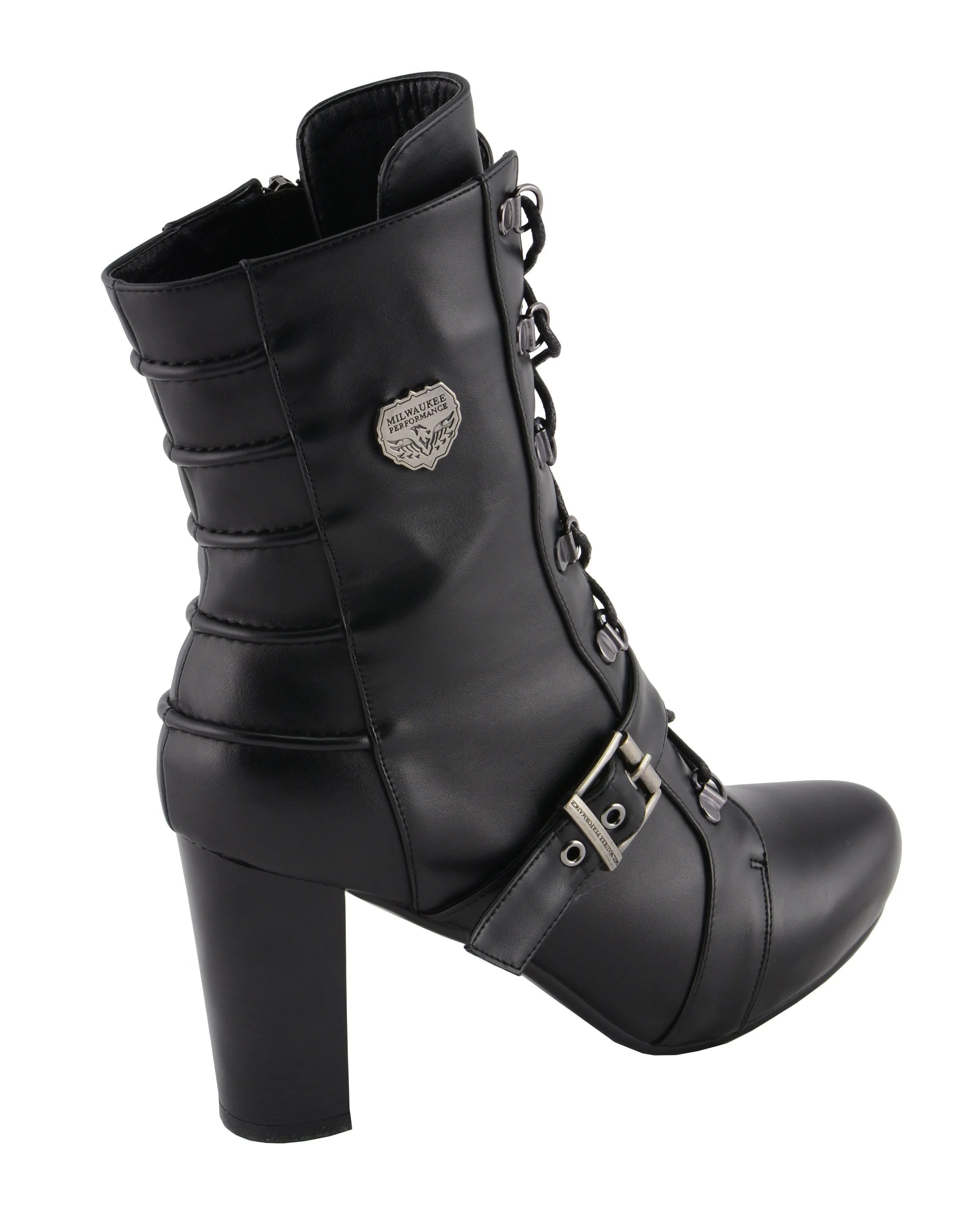 Milwaukee Leather MBL9431 Women's Black Lace-Up Fashion Boots with Block Heel and Buckle Strap