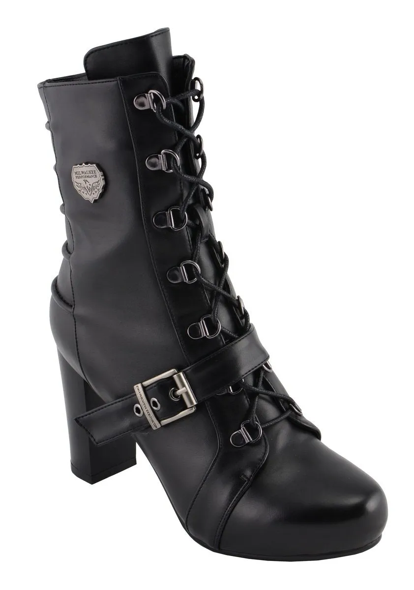 Milwaukee Leather MBL9431 Women's Black Lace-Up Fashion Boots with Block Heel and Buckle Strap