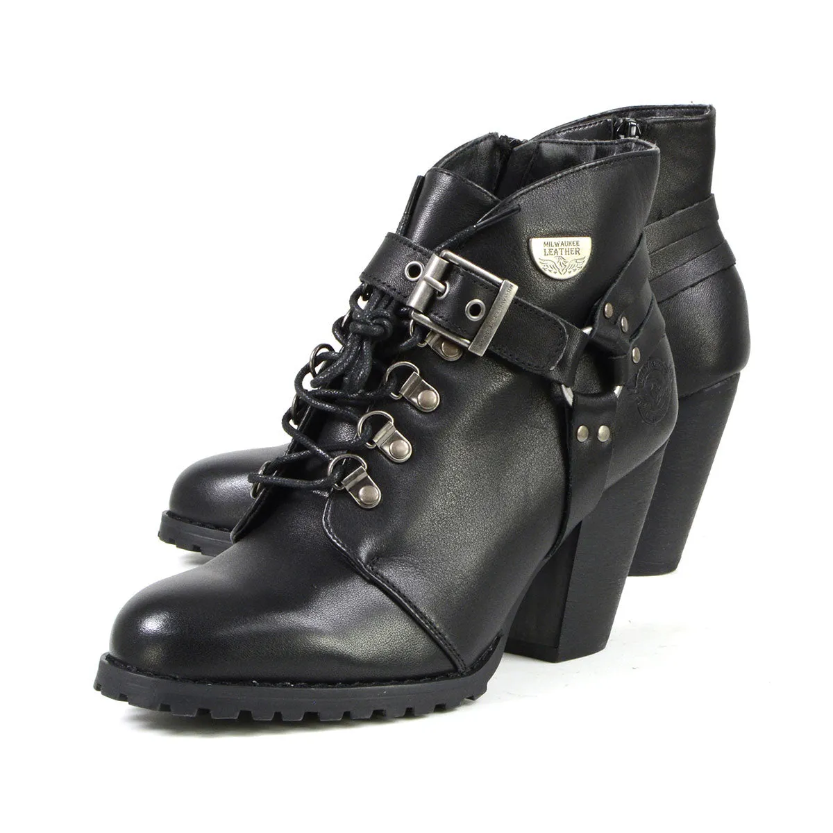 Milwaukee Leather MBL9458 Women's Black Leather Boots with Classic Harness Ring