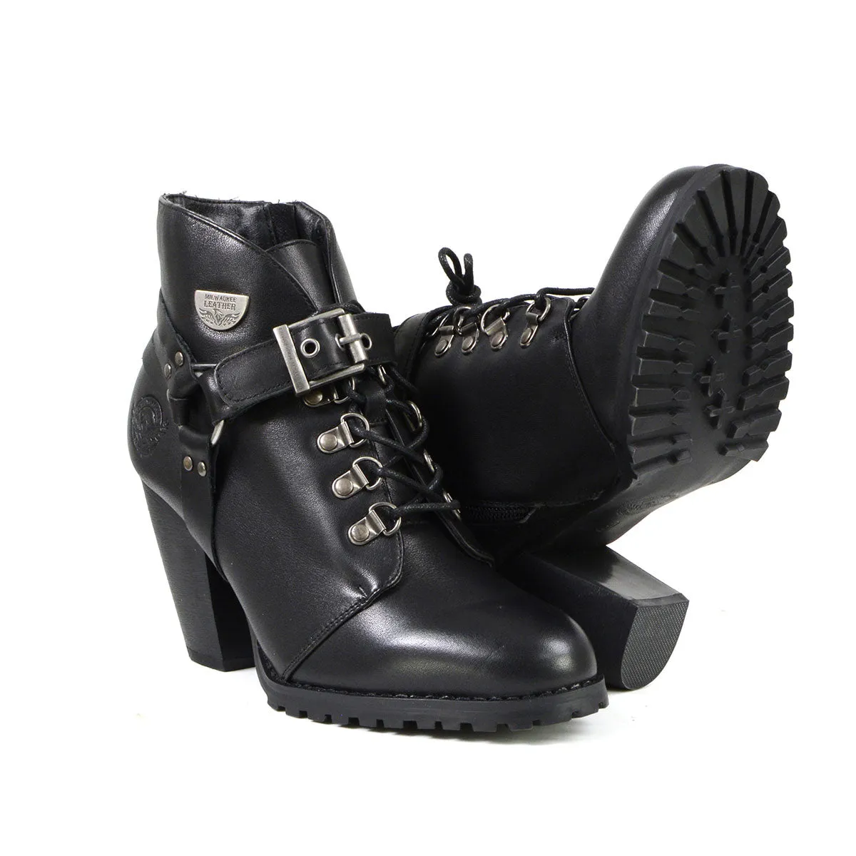 Milwaukee Leather MBL9458 Women's Black Leather Boots with Classic Harness Ring