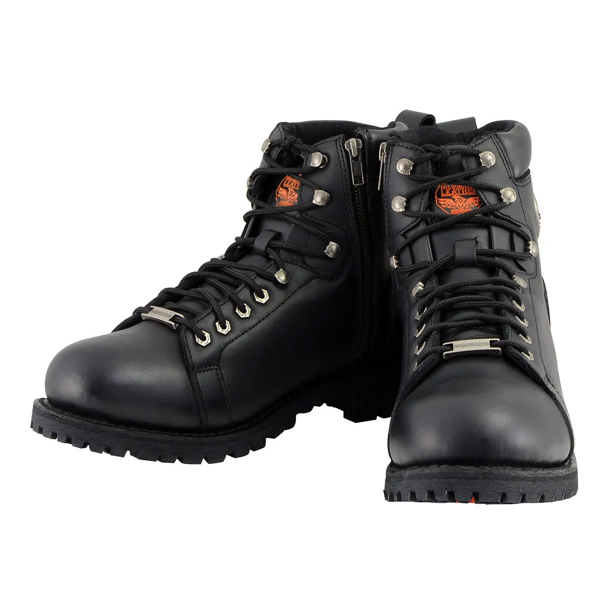 Milwaukee Leather MBM100 Men's Black Leather Lace-Up Motorcycle Boots with Side Zipper