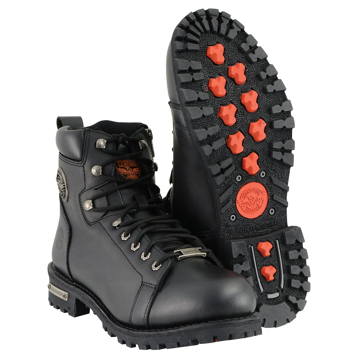 Milwaukee Leather MBM100W Men's Black Leather Wide-Width Lace-Up Motorcycle Boots with Side Zipper