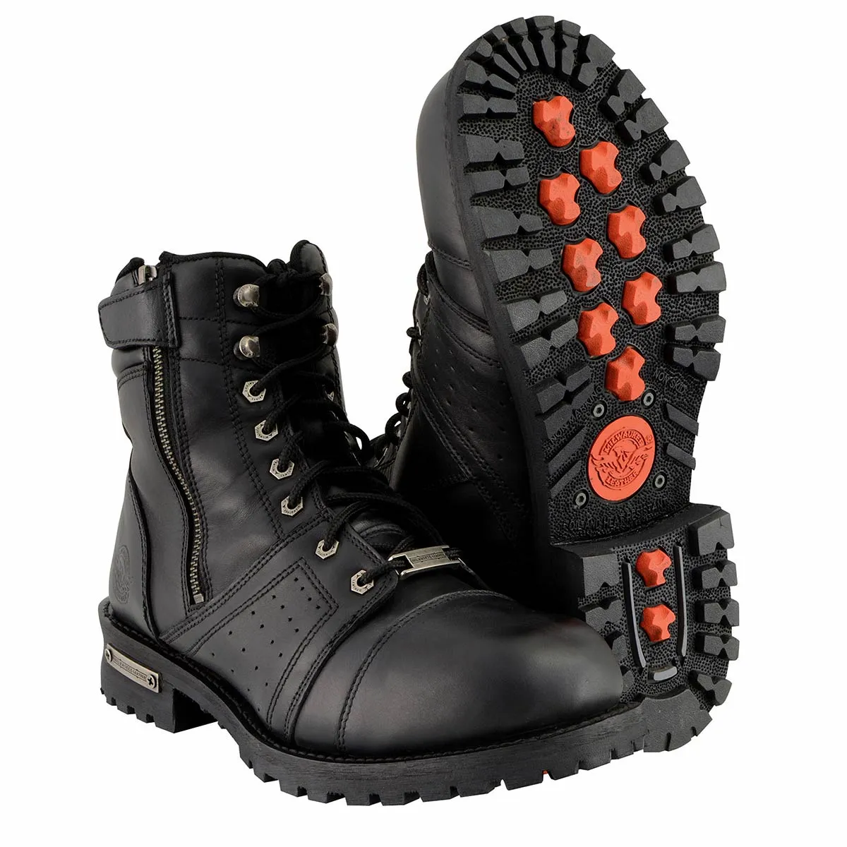 Milwaukee Leather MBM9000W Men's Black Lace-Up 'Wide-Width' Motorcycle Leather Boots with Side Zipper Entry