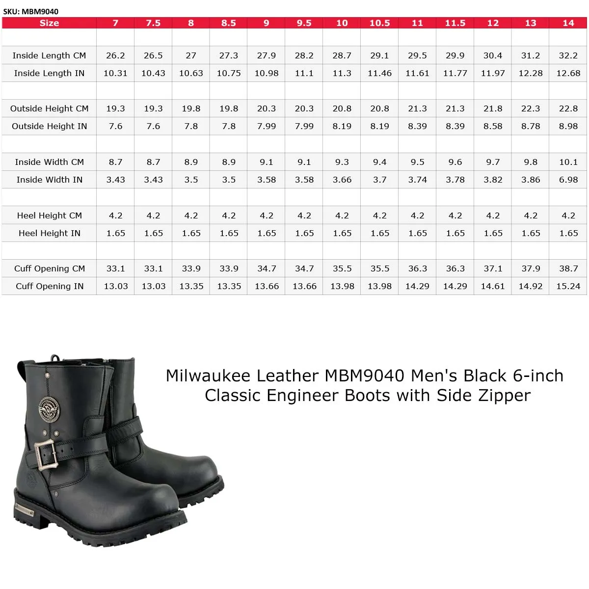 Milwaukee Leather MBM9040W Men's Black 6-inch Classic Engineer Motorcycle Leather Boots with Side Zipper