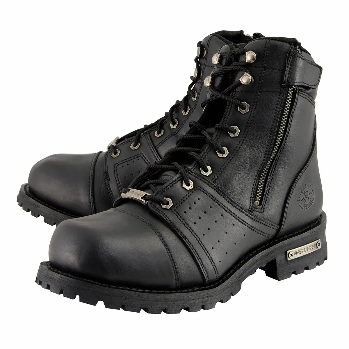 Milwaukee Leather Men's Black Lace-Up Motorcycle Riding Leather Boots with Side Zipper Entry MBM9000