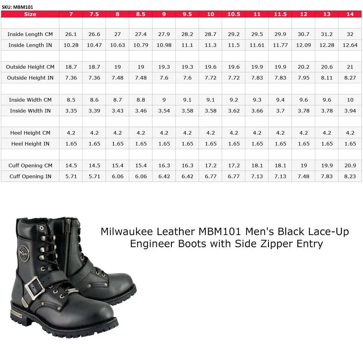 Milwaukee Leather Men's Black Leather Lace-Up Engineer Motorcycle Boots w/ Buckles and Side Zipper  MBM101