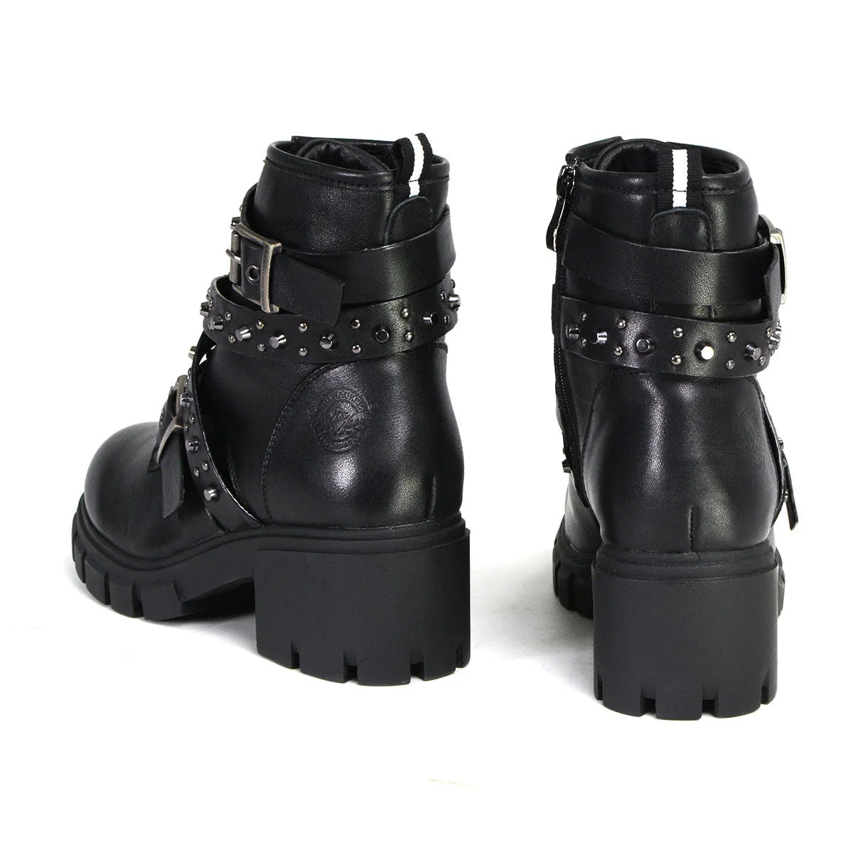 Milwaukee Performance Leather MBL9444 Women's ‘Bruiser’ Black Leather Lace to Toe Boots with Studded Straps