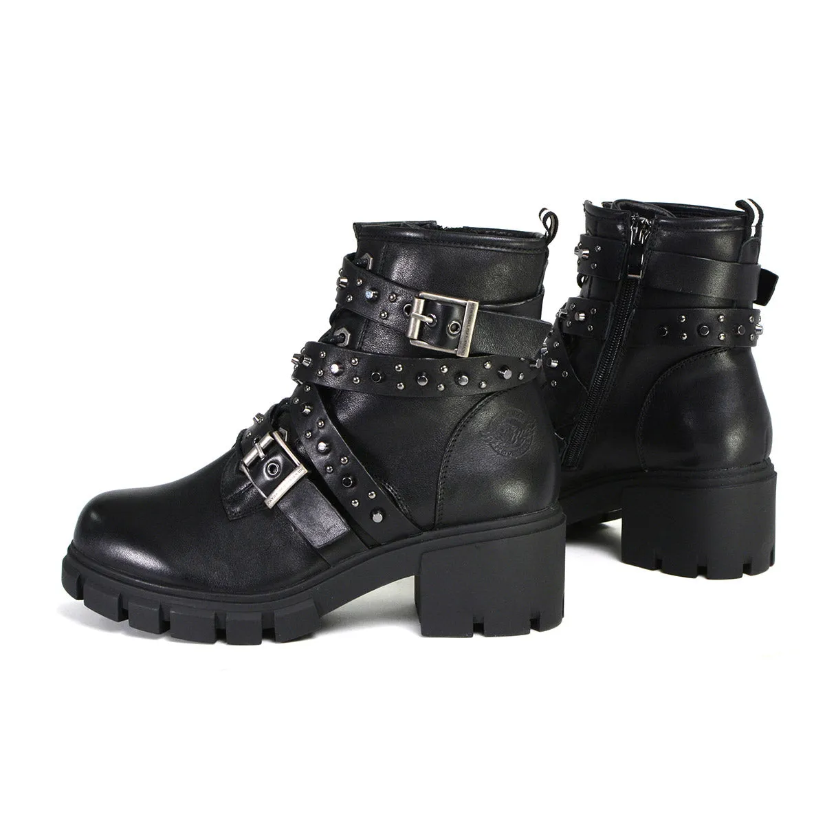 Milwaukee Performance Leather MBL9444 Women's ‘Bruiser’ Black Leather Lace to Toe Boots with Studded Straps