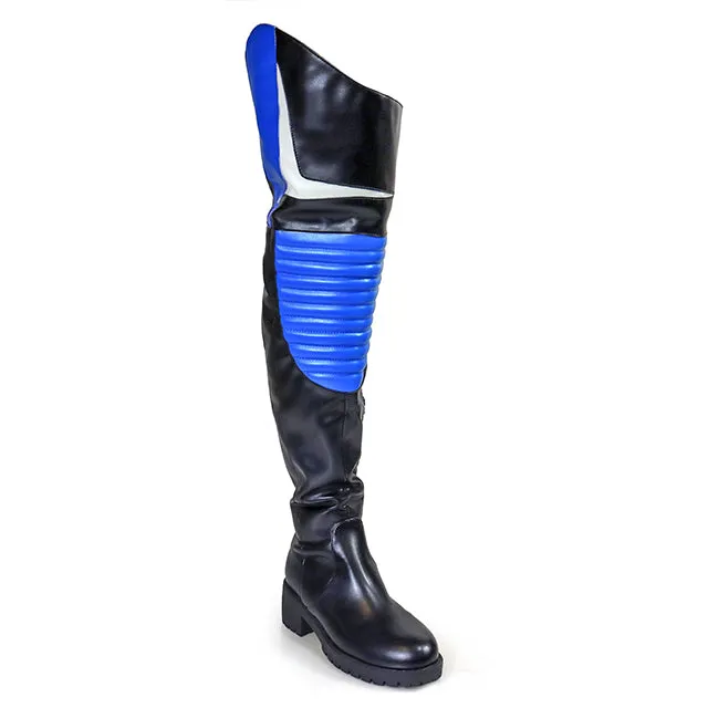 NORRIS-1 Blue/Black Faux Leather Over Knee Moto Boot  - Motorcycle Styling Detail