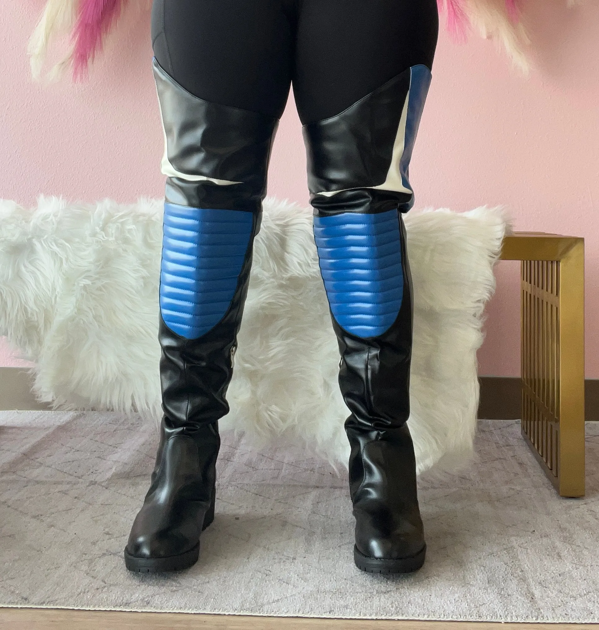 NORRIS-1 Blue/Black Faux Leather Over Knee Moto Boot  - Motorcycle Styling Detail