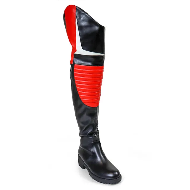 NORRIS-1 Red/Black Faux Leather Over Knee Moto Boot  - Motorcycle Styling Detail