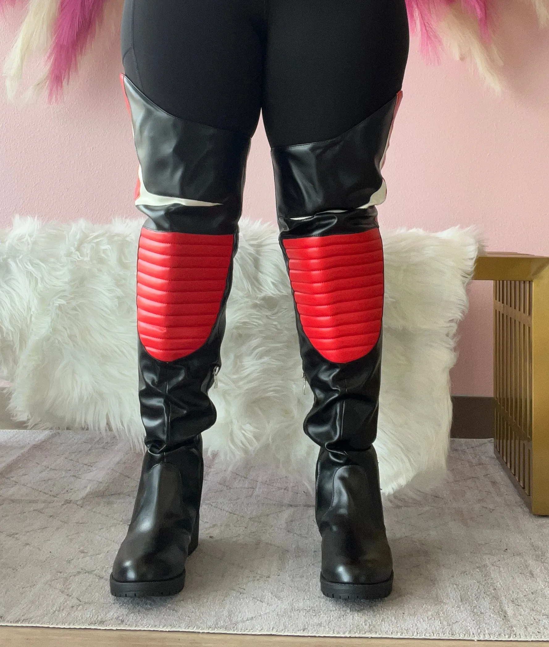 NORRIS-1 Red/Black Faux Leather Over Knee Moto Boot  - Motorcycle Styling Detail